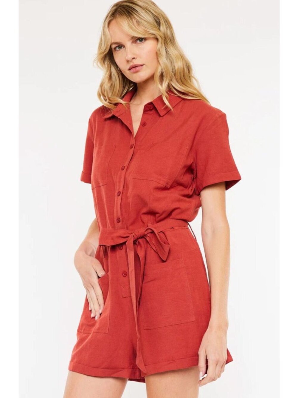 KanCan Women's Kenya Linen Blend Short Jumpsuit in Rust - Sz XS - New